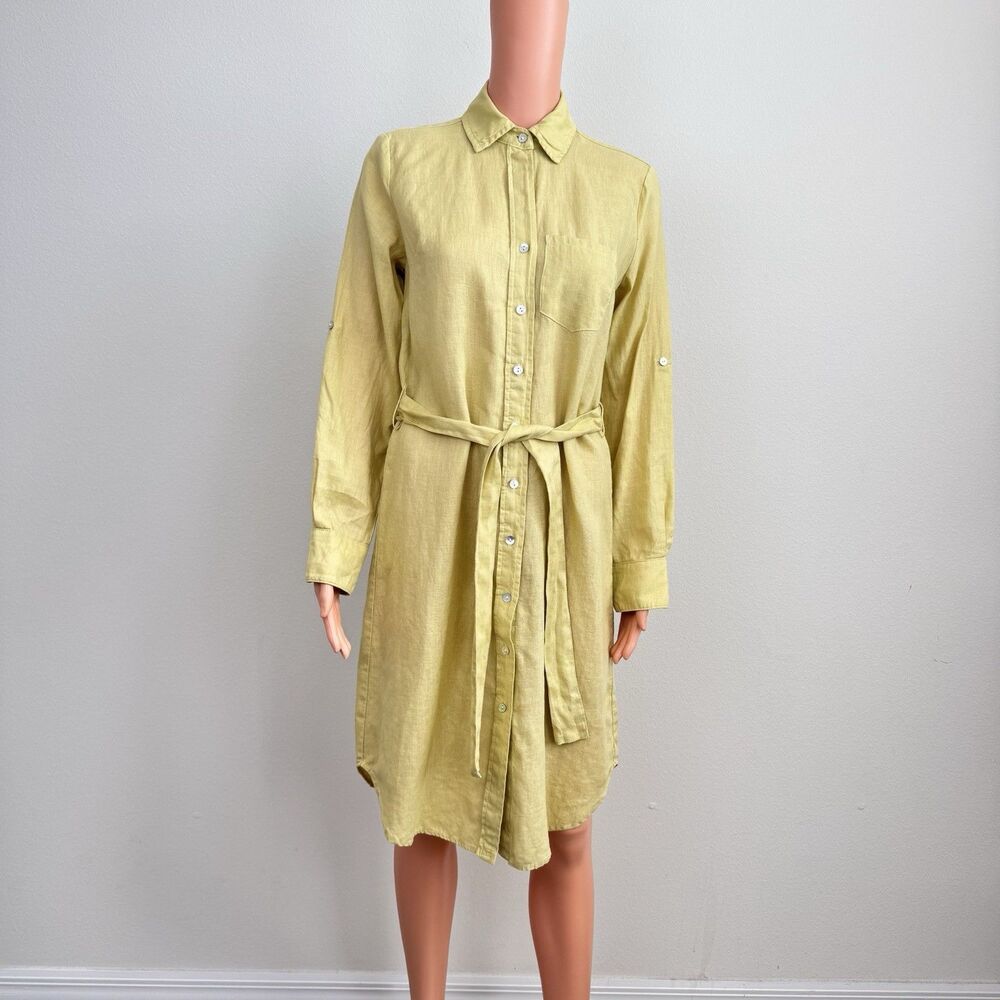MAGASCHONI Linen Shirt Dress Roll Tab Sleeve Belt Pastel Yellow-Green